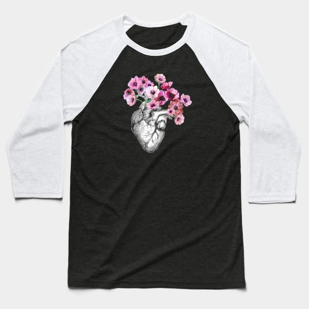 Pink Anemones Heart Human Anatomy Baseball T-Shirt by Collagedream